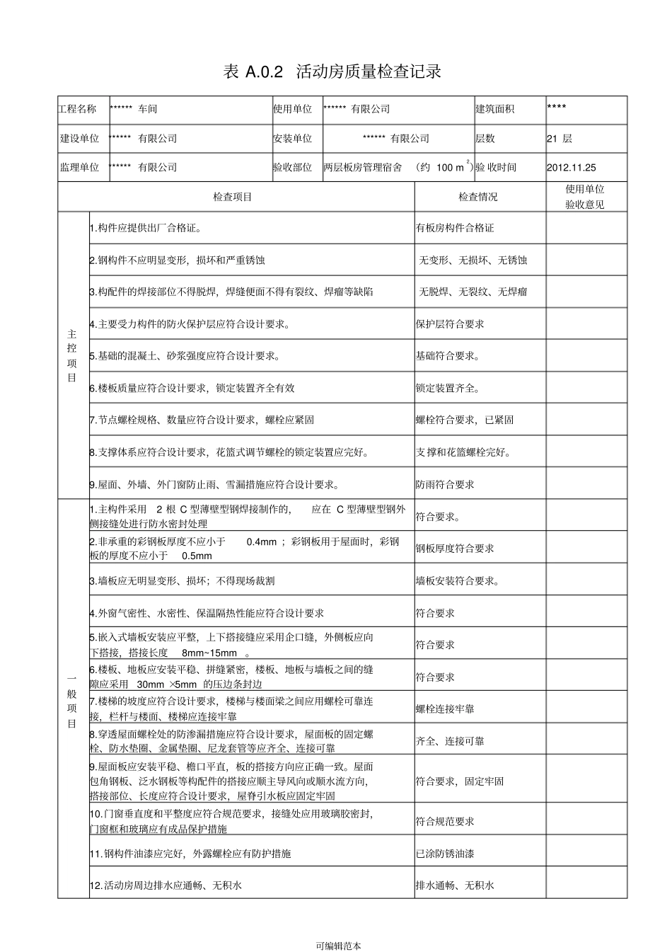 临时设施活动板房验收记录表完整版本_第3页