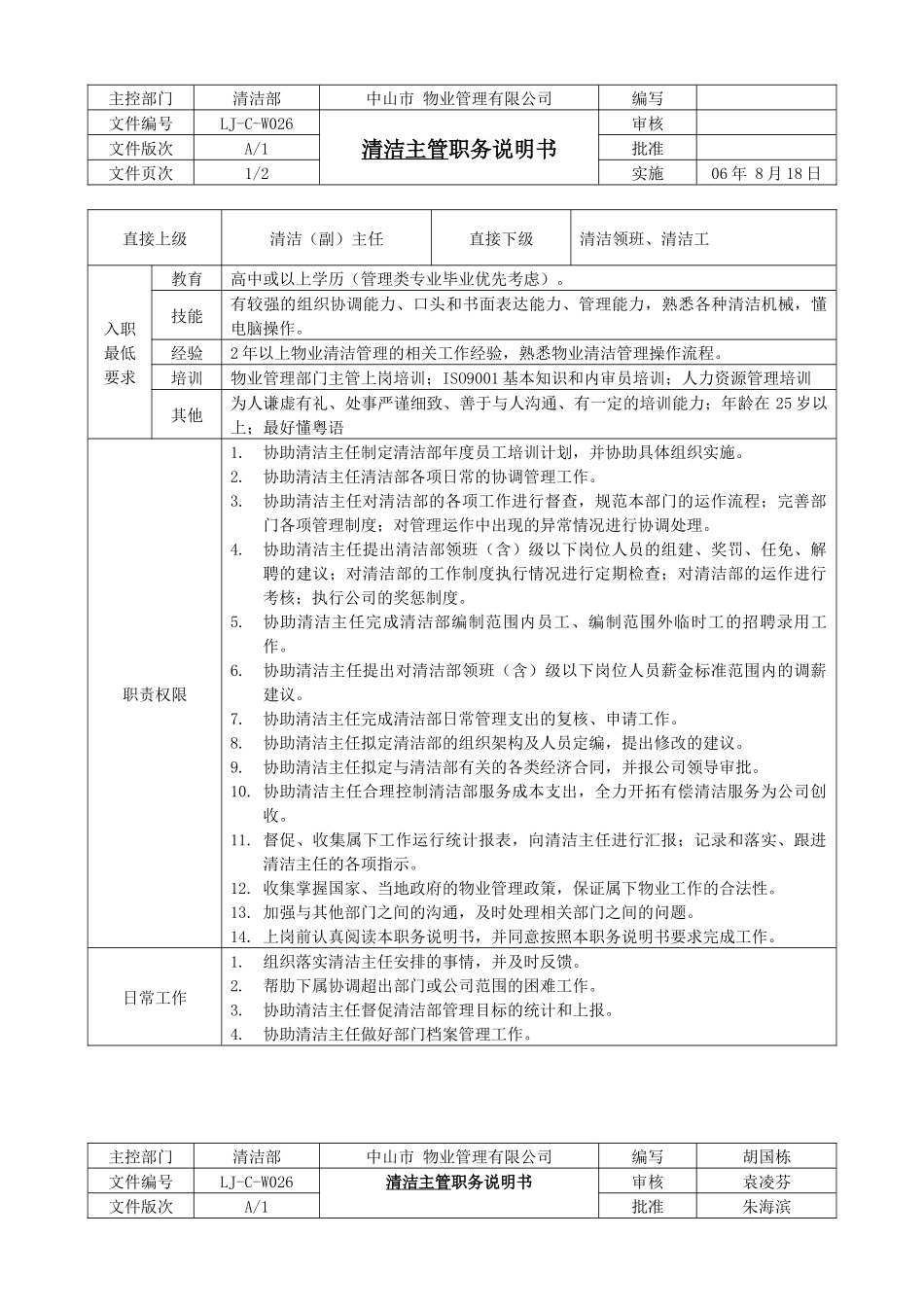 人力资源-LJ-C-W026清洁主管职务说明书（A1版080130）_第1页
