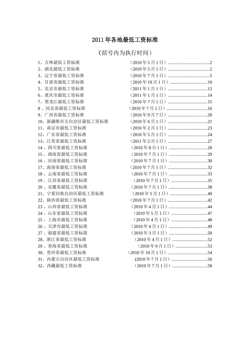 人力资源-XXXX年各地最低工资标准汇编_第1页