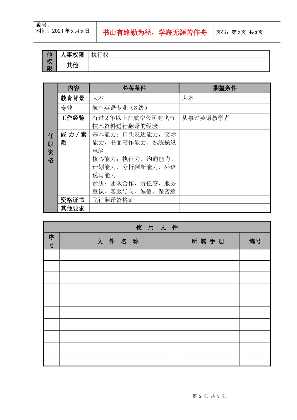 某航空物流公司资料管理员职位说明书及关键绩效标准_第2页