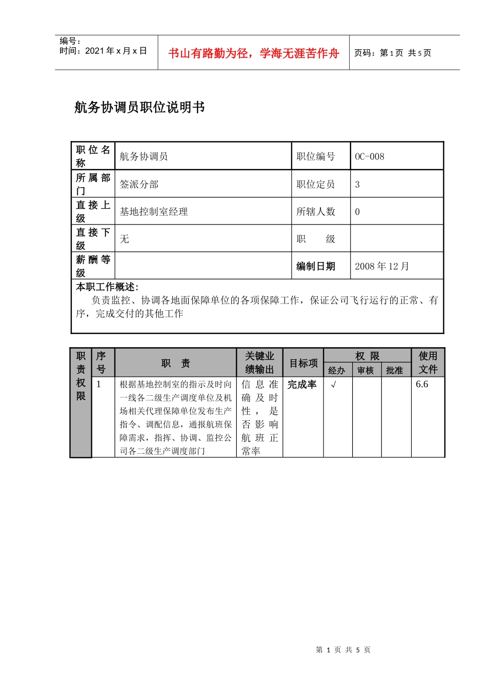 某航空物流公司航务协调员职位说明书及关键绩效标准_第1页