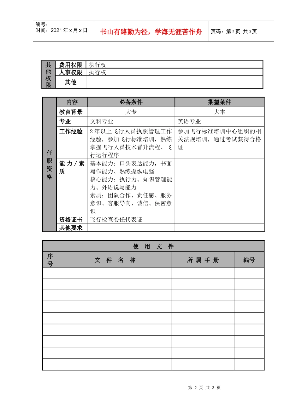 某航空物流公司飞行执照管理员职位说明书及关键绩效标准_第2页