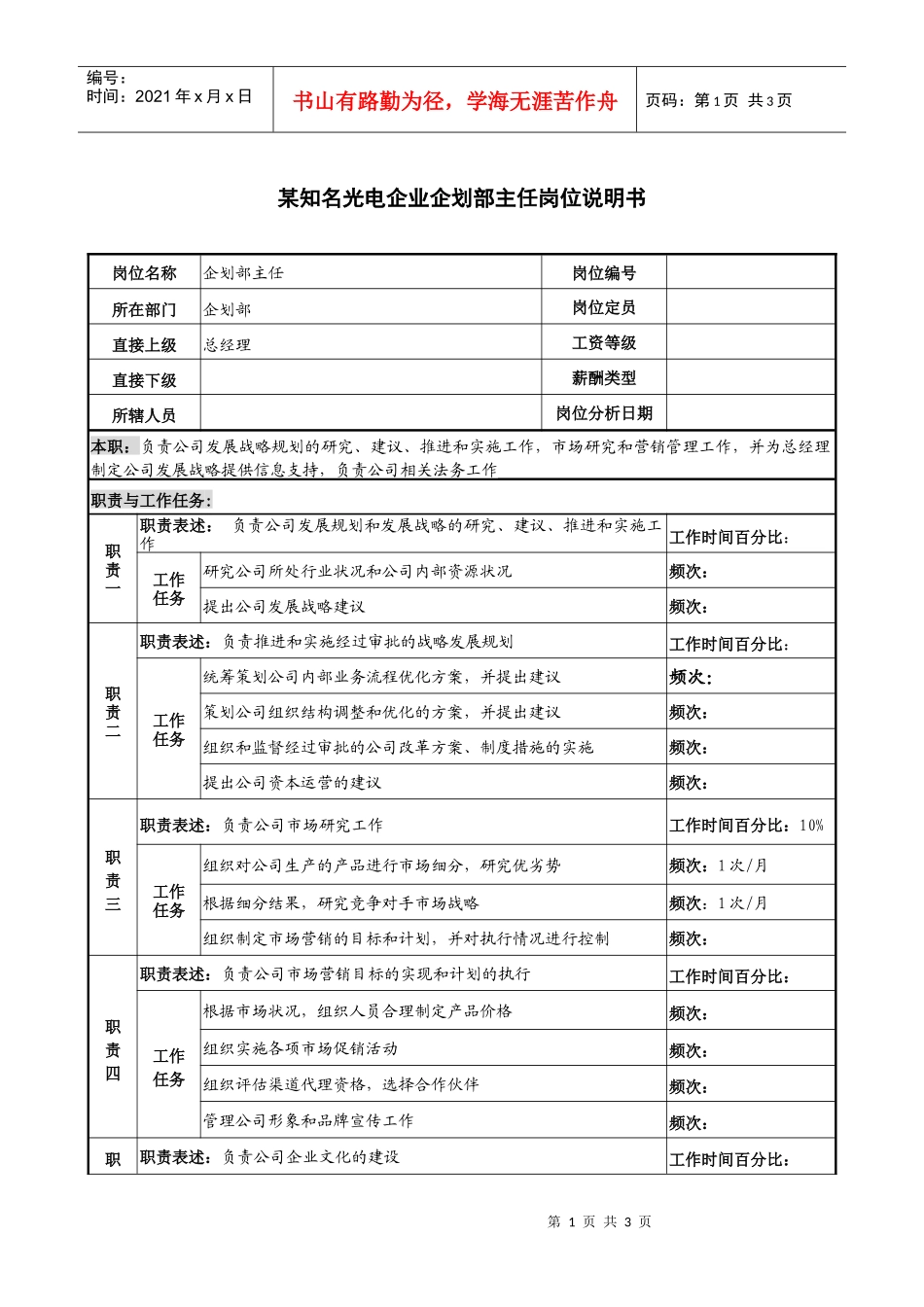 某知名光电企业企划部主任岗位说明书_第1页