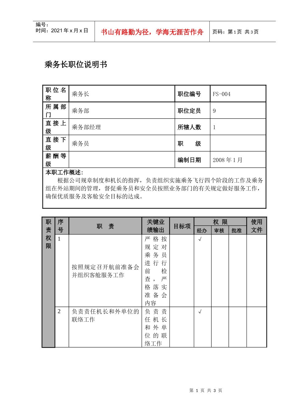 某航空物流公司乘务长职位说明书及关键绩效标准_第1页