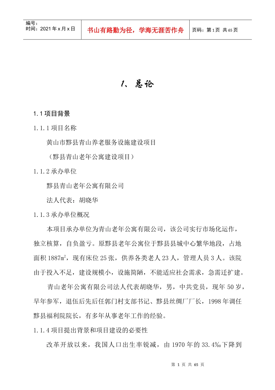某老年公寓建设项目可行性研究报告_第1页