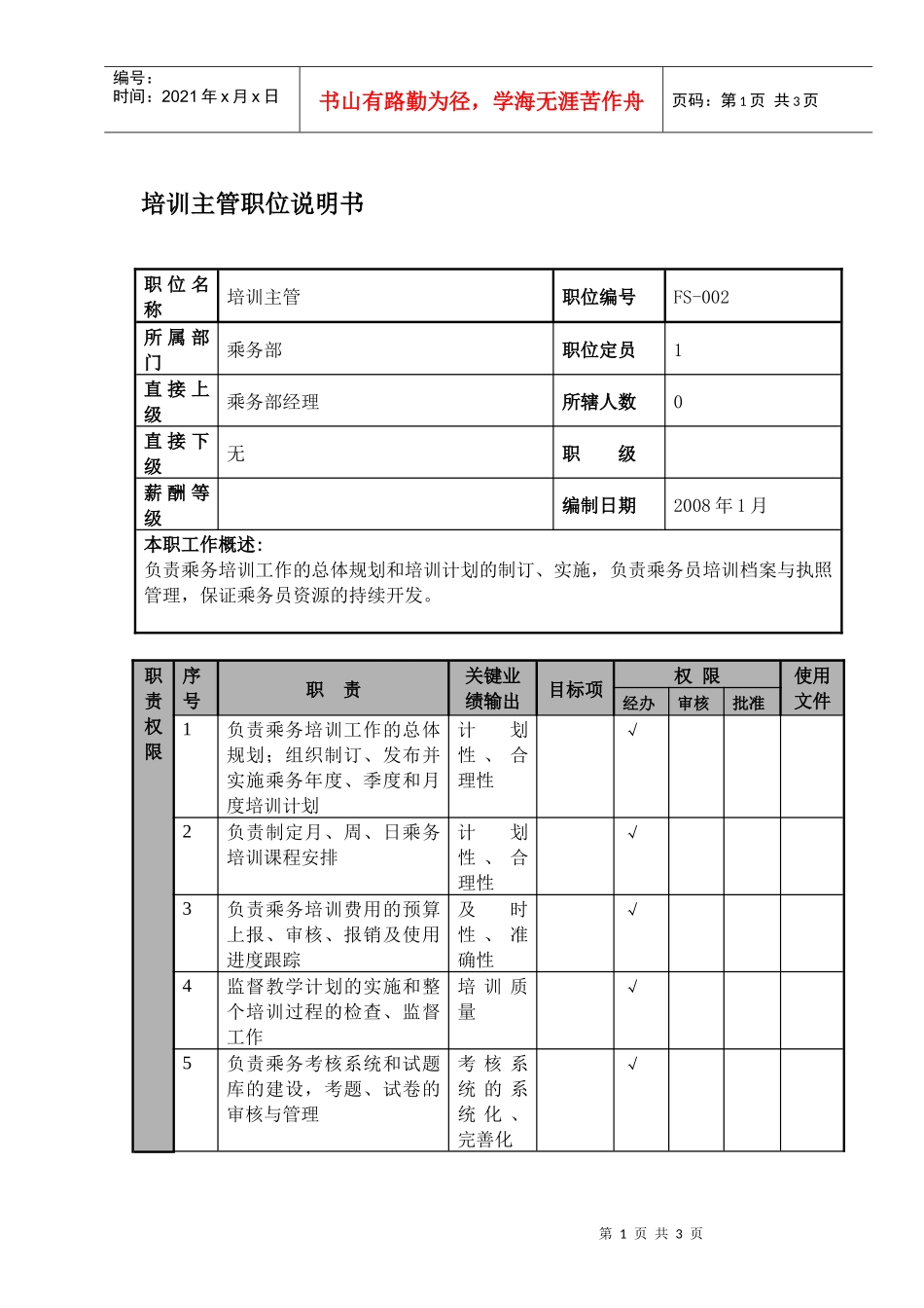 某航空物流公司培训主管职位说明书及关键绩效标准_第1页
