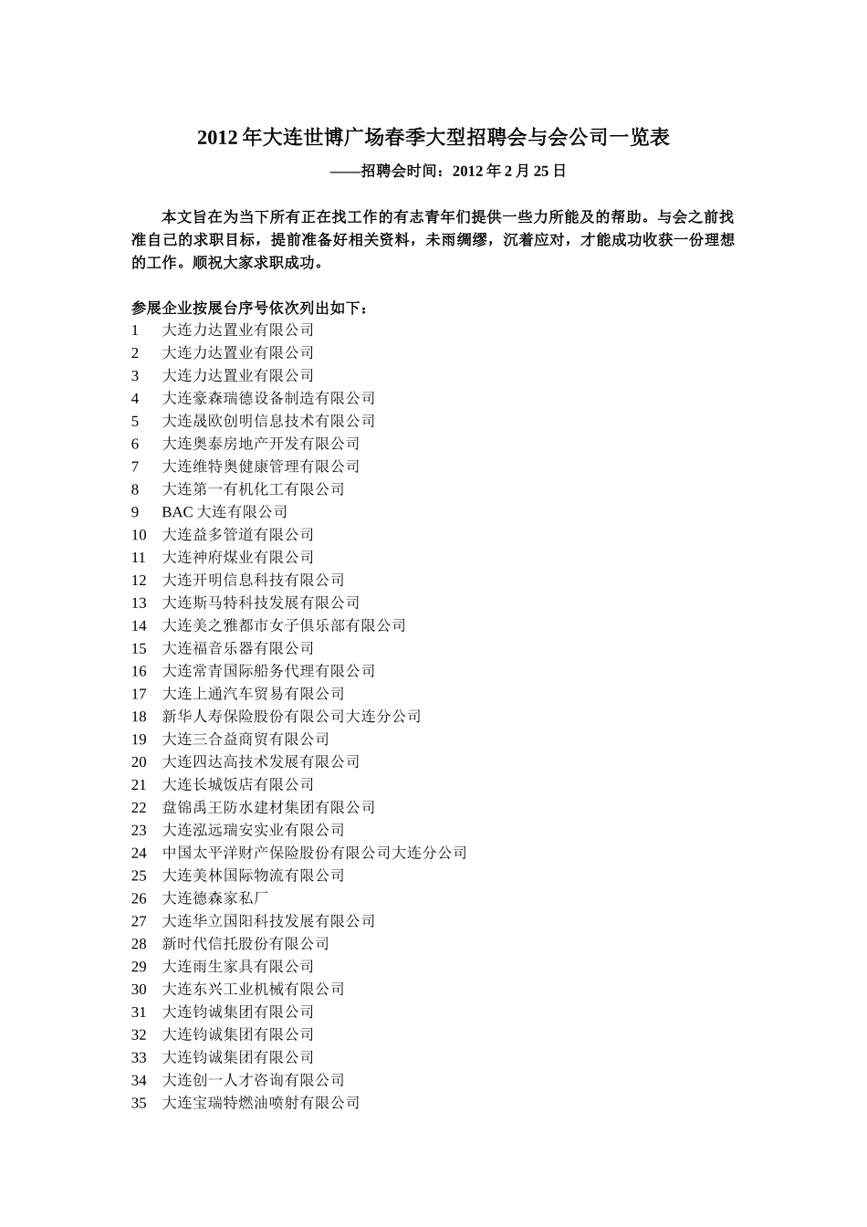 人力资源-XXXX年2月25号大连世博广场春季大型招聘会与会公司一览表_第1页