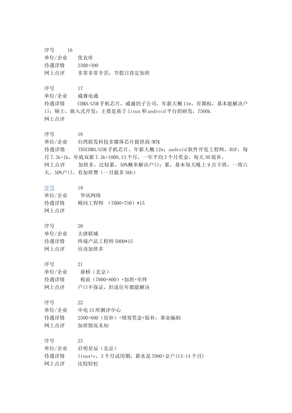 人力资源-XXXX年各公司待遇比较_第3页