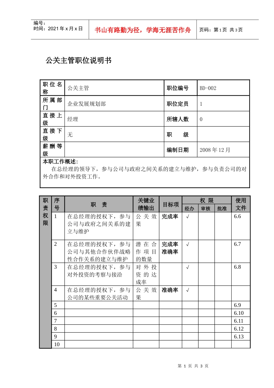 某航空物流公司公关主管职位说明书及关键绩效标准_第1页