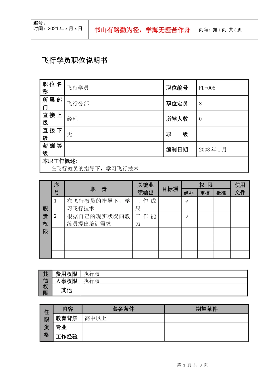 某航空物流公司飞行学员职位说明书及关键绩效标准_第1页