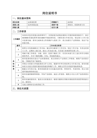 品质部经理岗位说明书