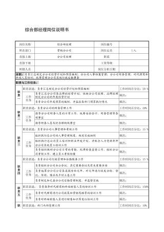 制鞋企业综合部经理岗位说明书