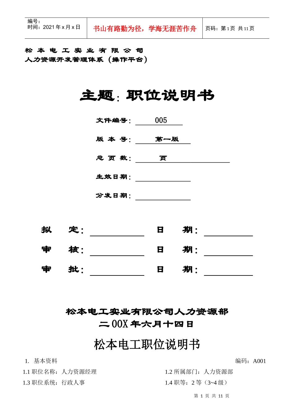 某电工公司人力资源管理体系岗位职责说明书_第1页