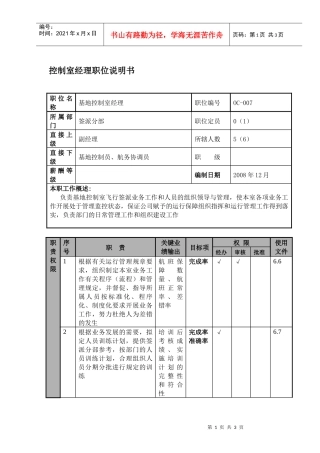 某航空物流公司控制室经理职位说明书及关键绩效标准