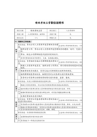 人事保卫部绩效考核主管岗位说明书