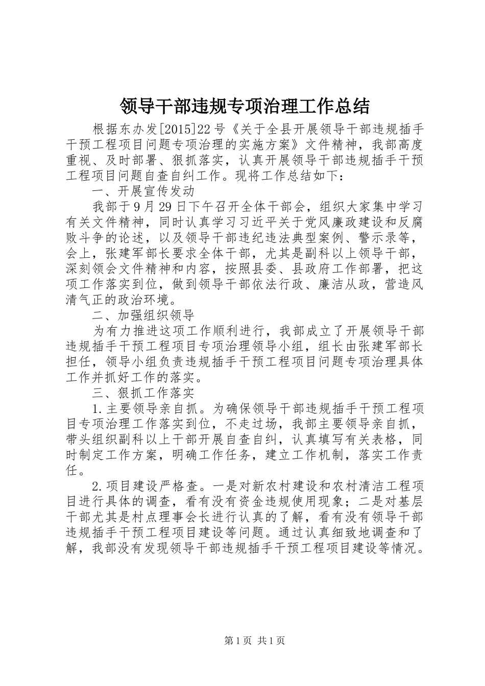 领导干部违规专项治理工作总结_第1页