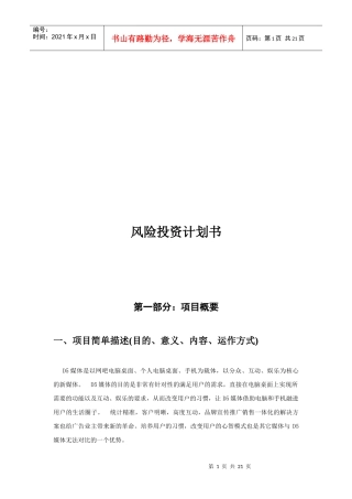 某项目风险投资计划书