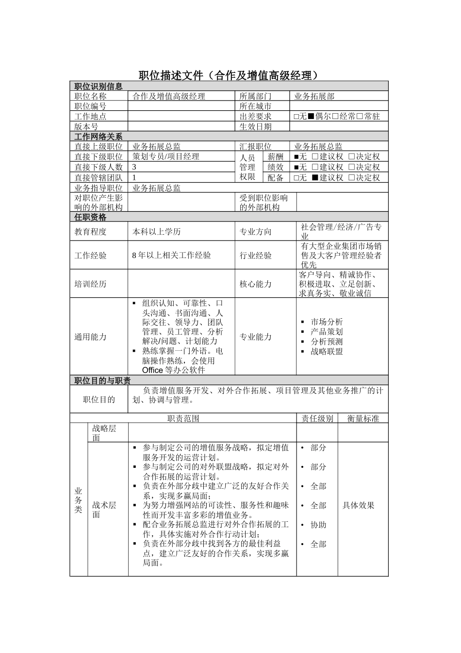 作及增值高级经理岗位说明书_第1页