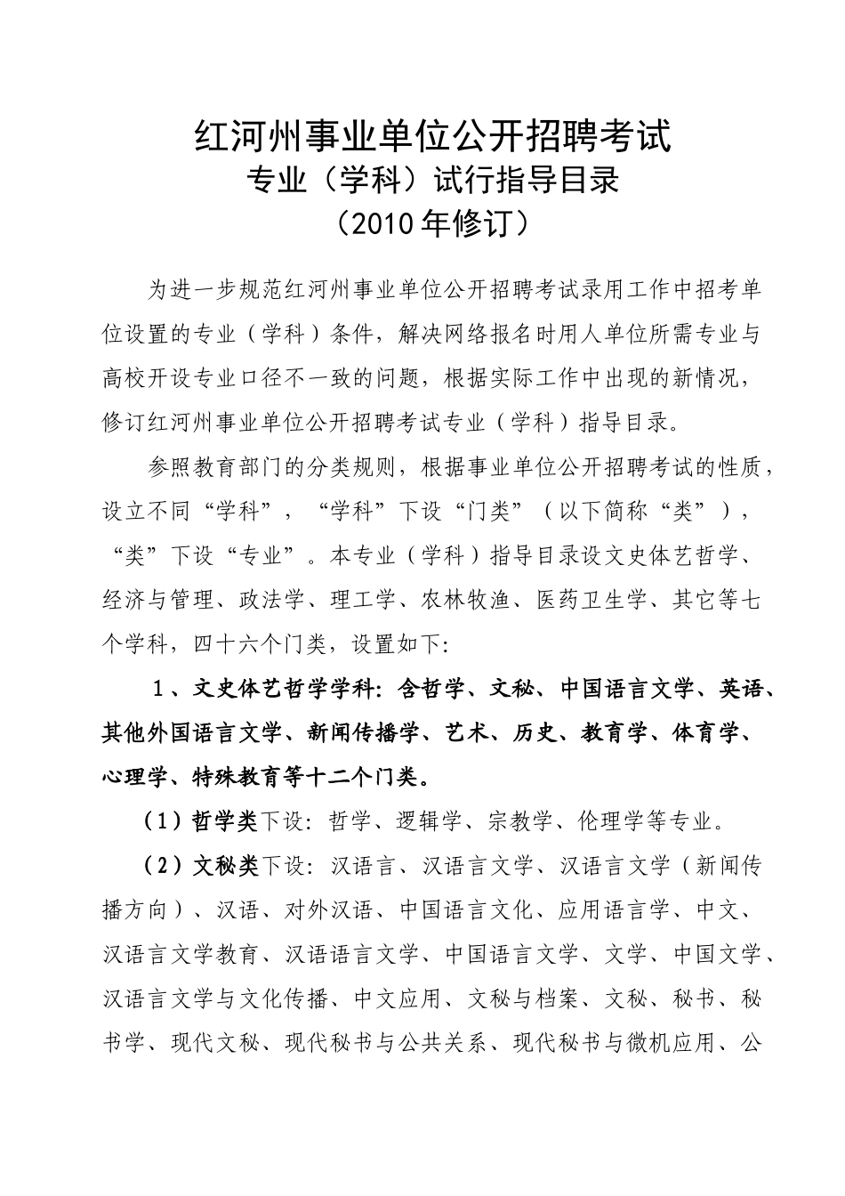 人力资源-XXXX年专业学科指导目录事业修订-红河州事业单位公开招聘考_第1页