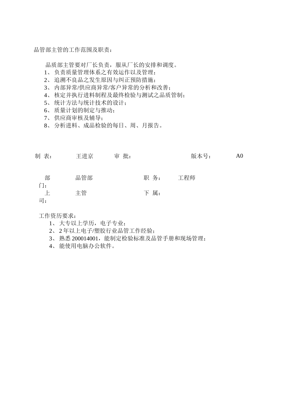 企业品质部岗位职责说明书_第2页