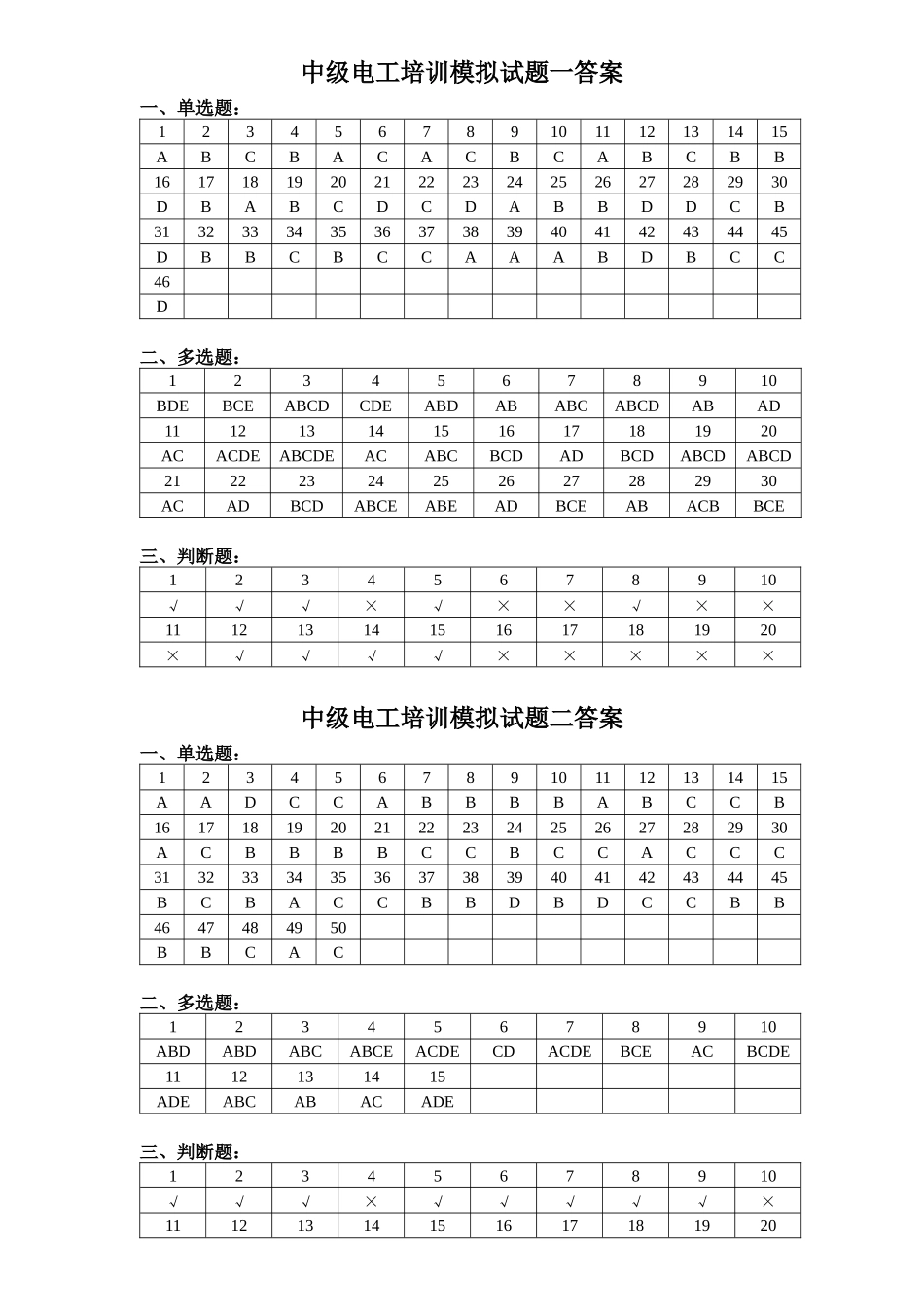 中级电工培训模拟试题一答案(XXXX2)_第1页