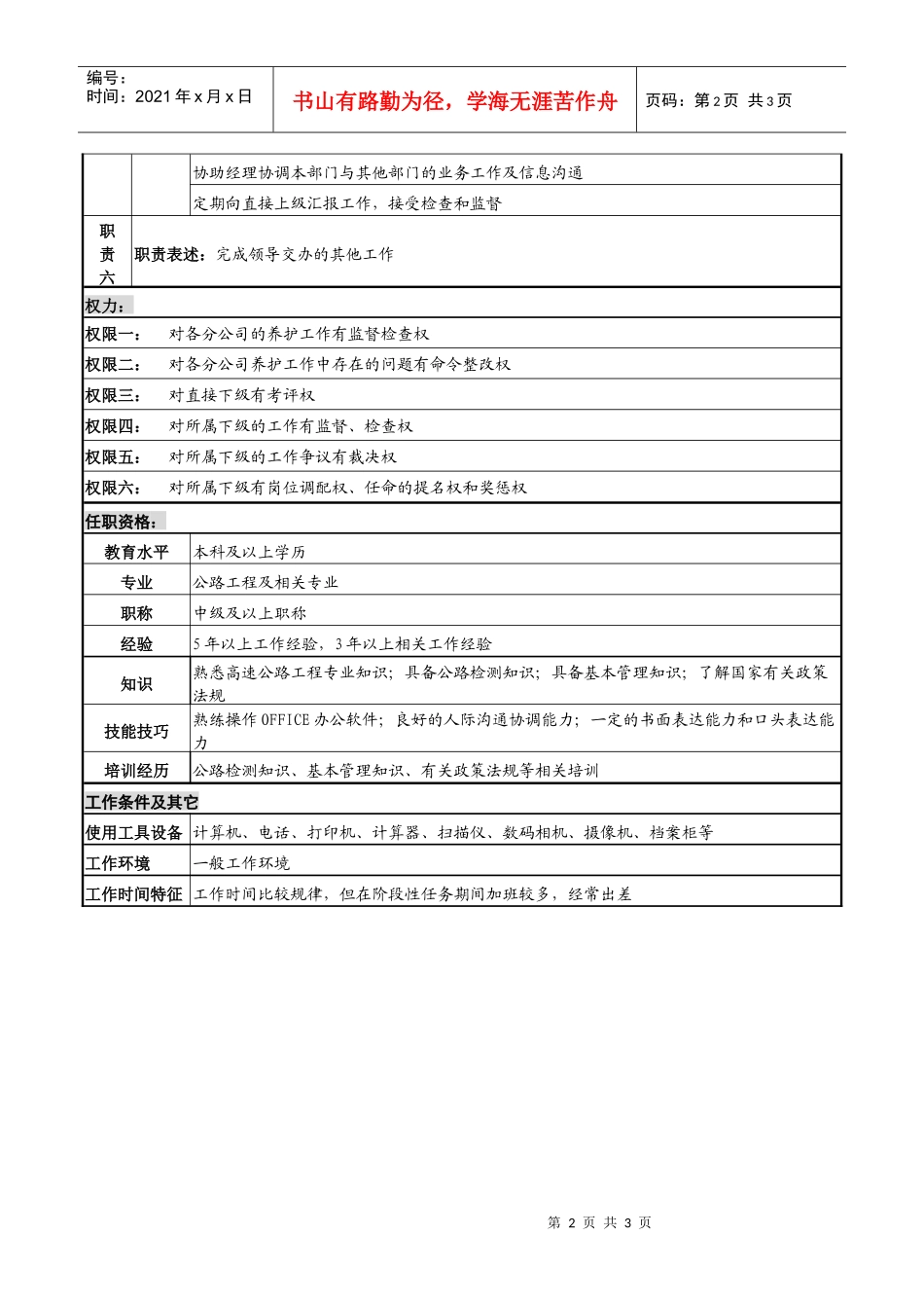 某高速公路公司工程管理副经理岗位说明书_第2页