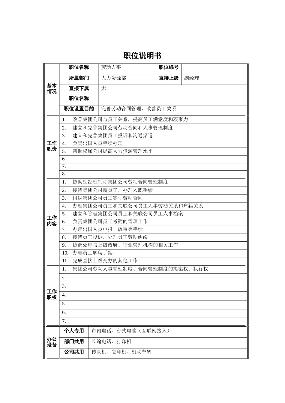 人力资源部-劳动人事职位说明书_第1页