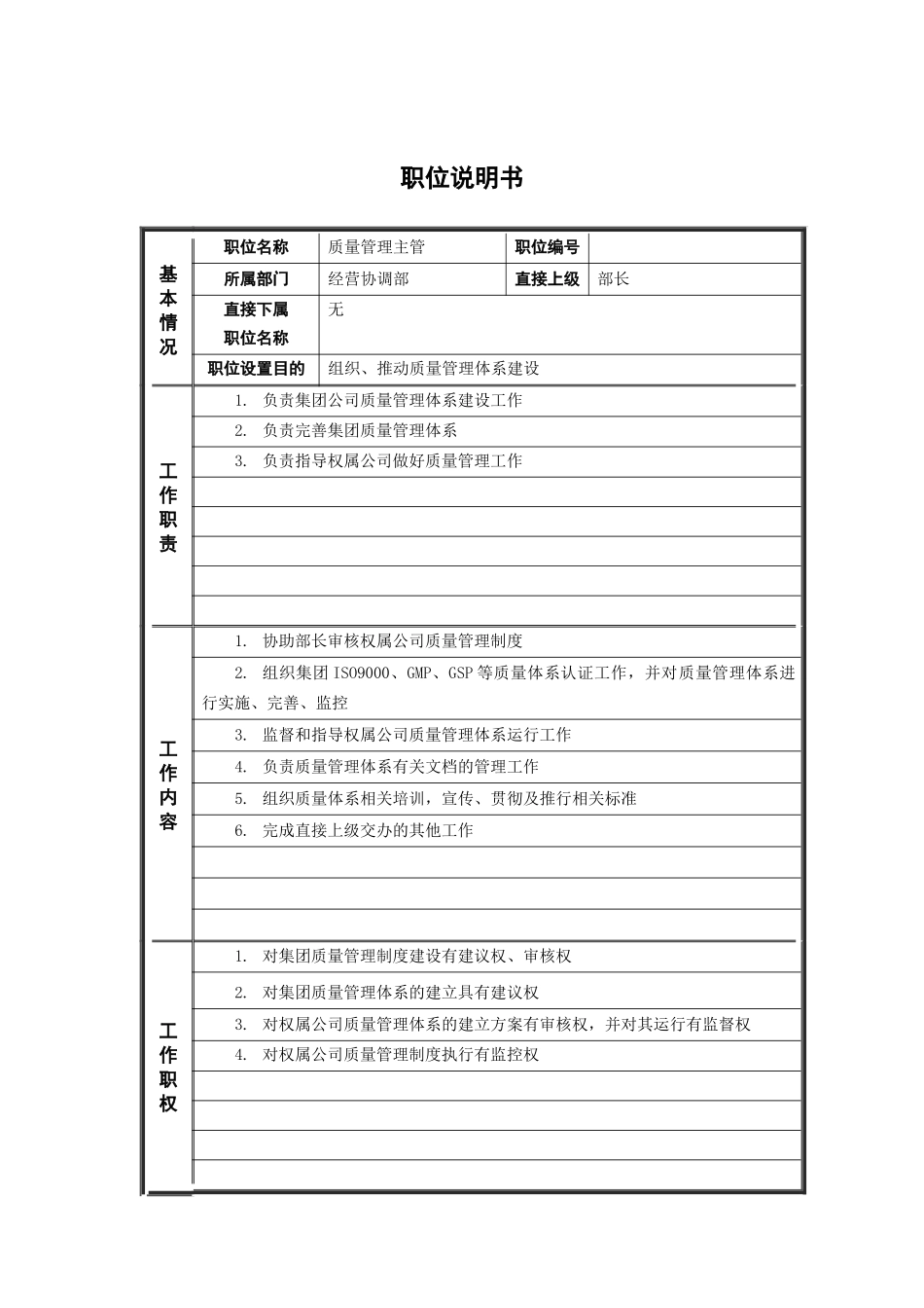 人力资源-3经营协调部_质量管理主管_职位说明书_第1页