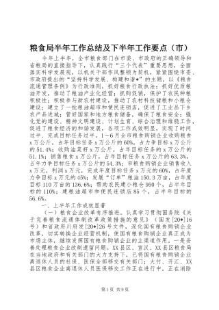 粮食局半年工作总结及下半年工作要点（市）