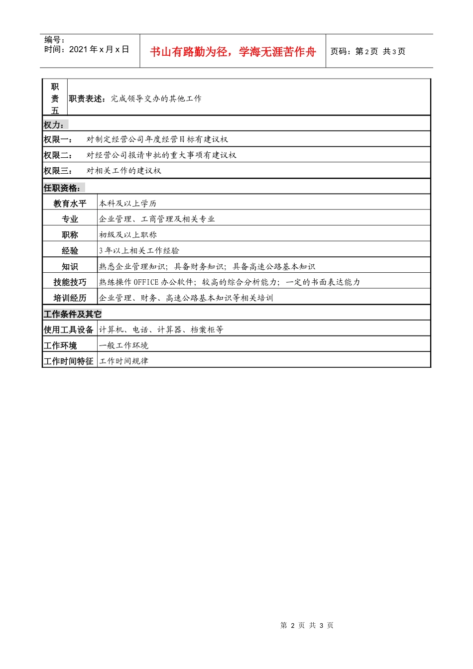 某高速公路公司经营管理岗岗位说明书_第2页