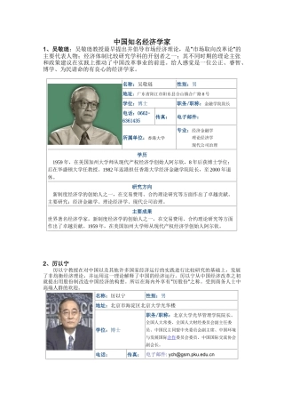 中国知名经济学家简历及联系方式等详尽介绍