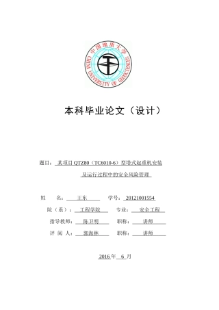 某项目QTZ80型塔式起重机安装及运行过程中的安全风险管理