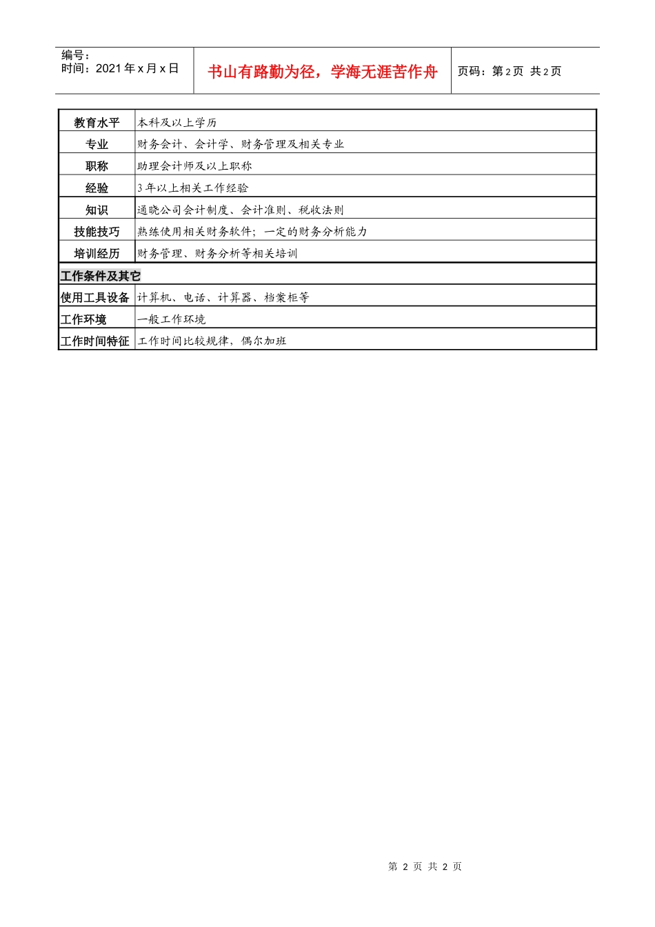某高速公路公司成本管理岗岗位说明书_第2页