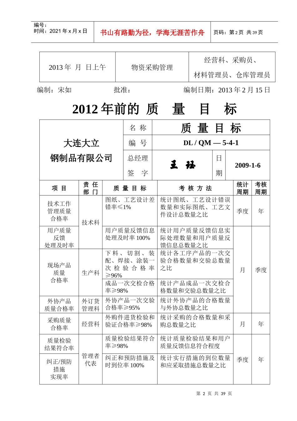 某钢制品公司质量管理体系年度内审计划_第2页