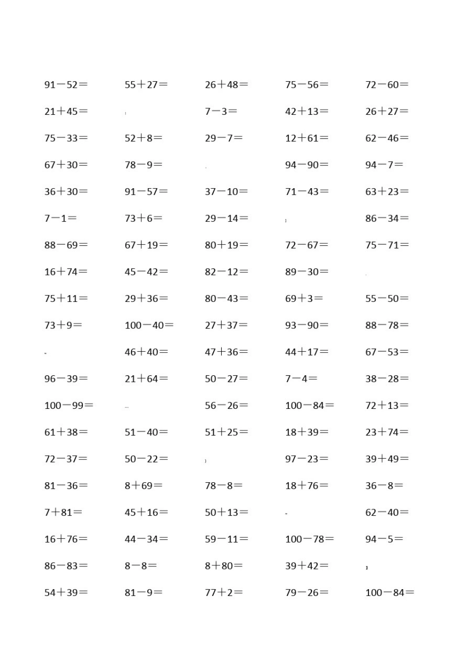 100以内的加减法及混合练习题500道(每页100道)_第1页