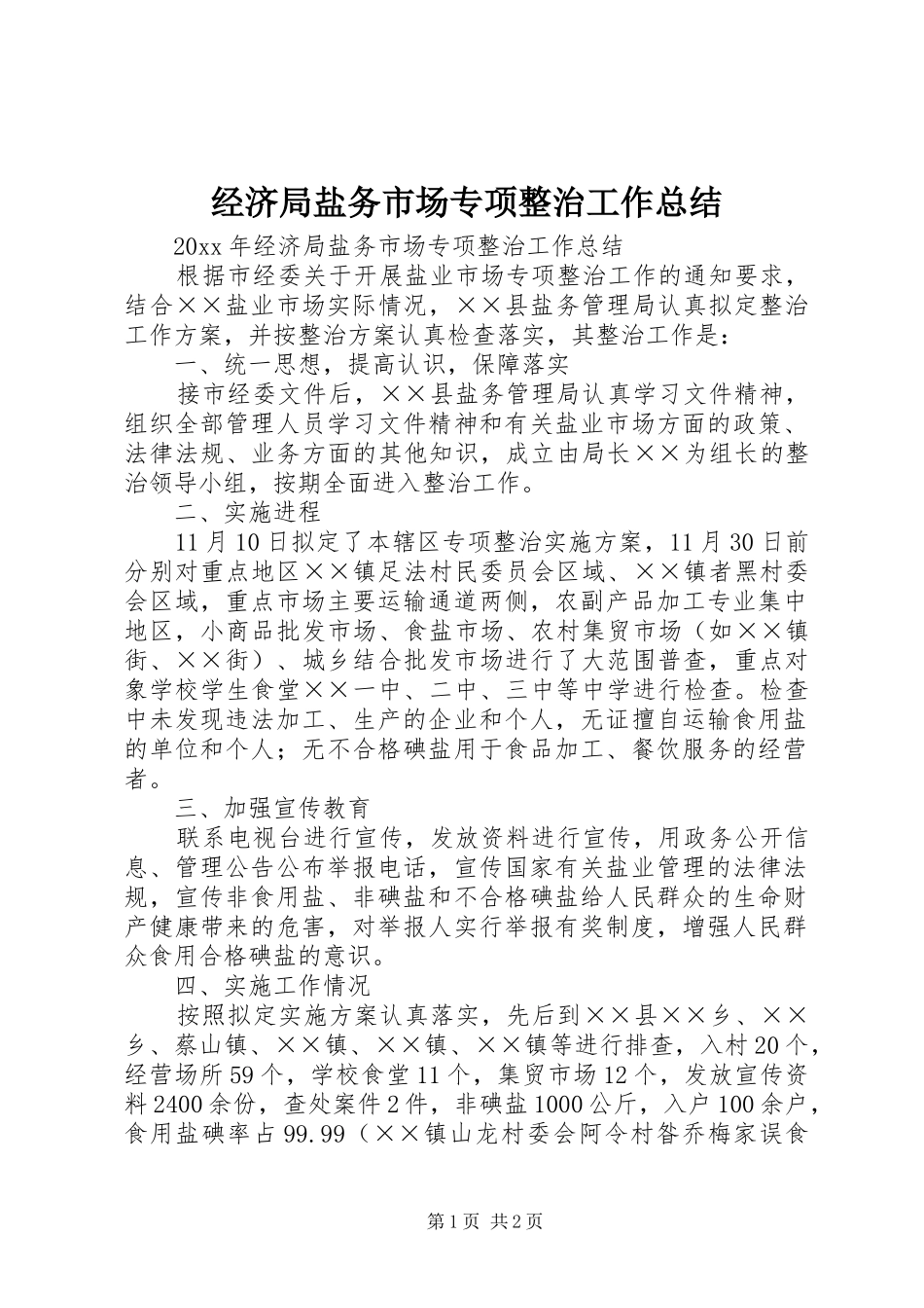 经济局盐务市场专项整治工作总结_第1页