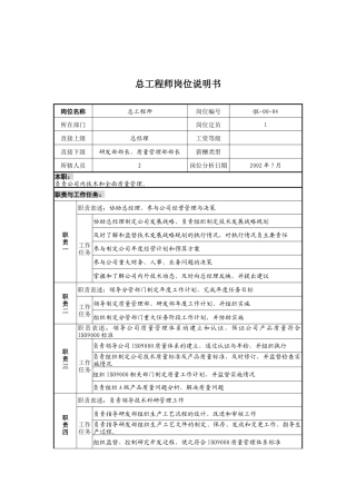 乾坤木业公司总工程师岗位说明书
