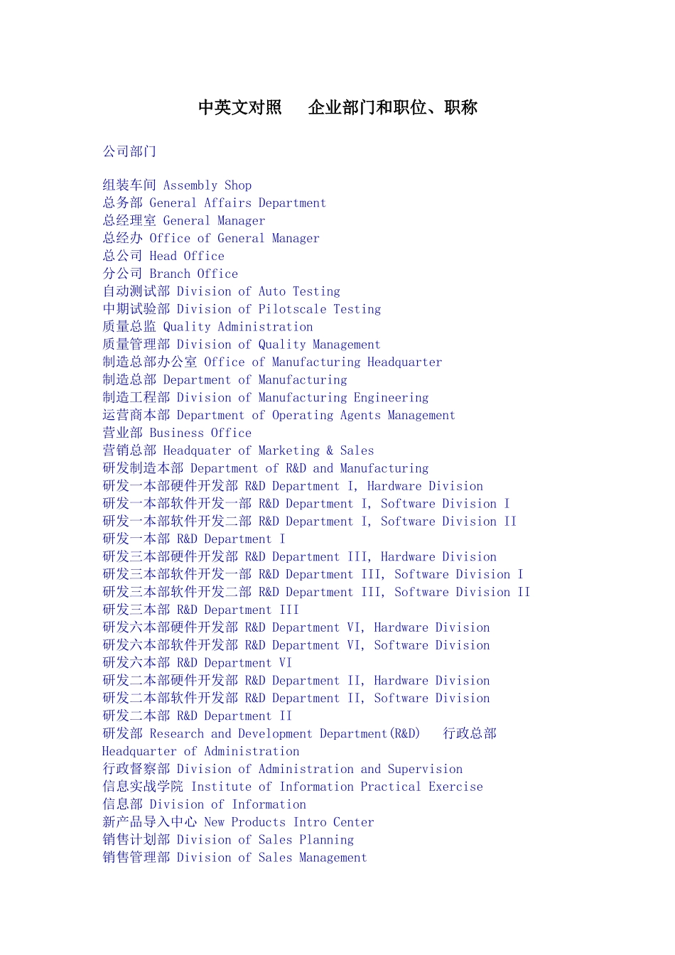 中英文对照－企业部门和职位、职称_第1页