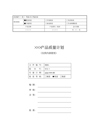 产品质量计划模板(示例)