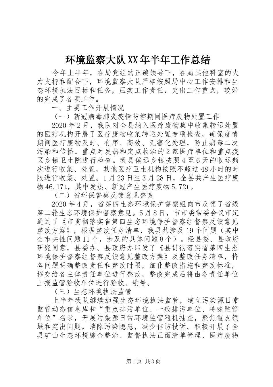环境监察大队XX年半年工作总结_第1页