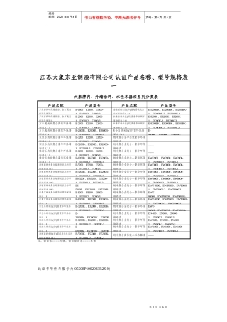 江苏大象东亚制漆有限公司认证产品名称