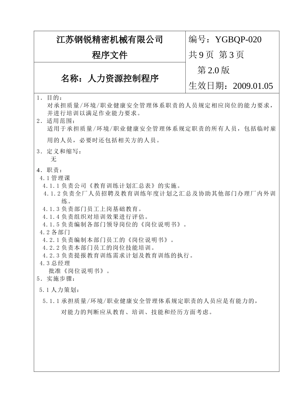 人力资源-20人力资源控制程序 V20_第3页