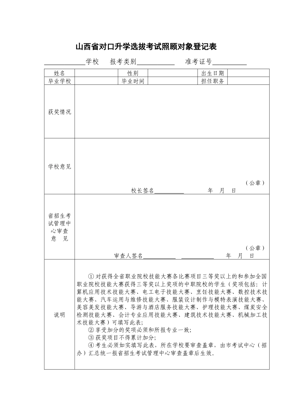 人力资源-XXXX年山西对口升学选拔考试照顾对象登记表_第1页