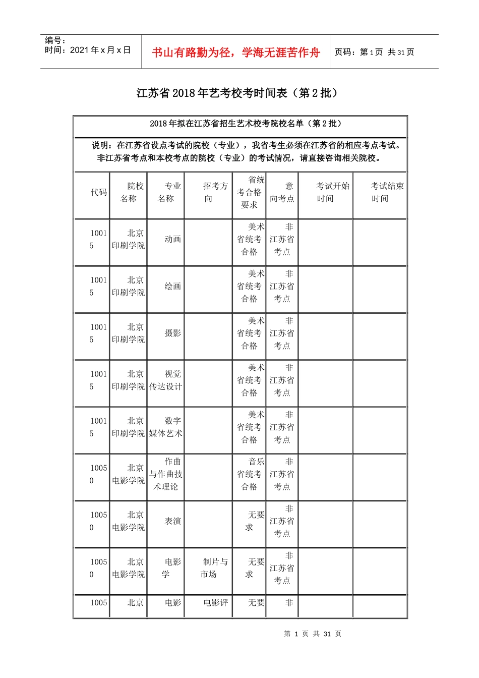 江苏省2018年艺考校考时间表(第2批)_第1页