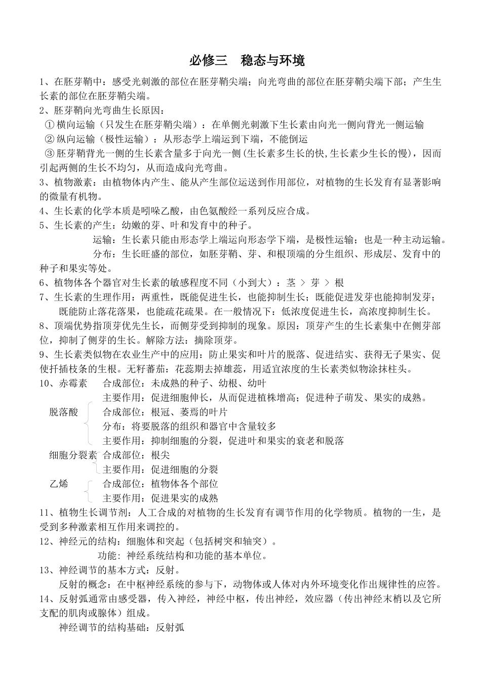 人力资源-XXXX年 必修三 内环境与稳态 (按江苏省考试说明编排的背诵)_第1页