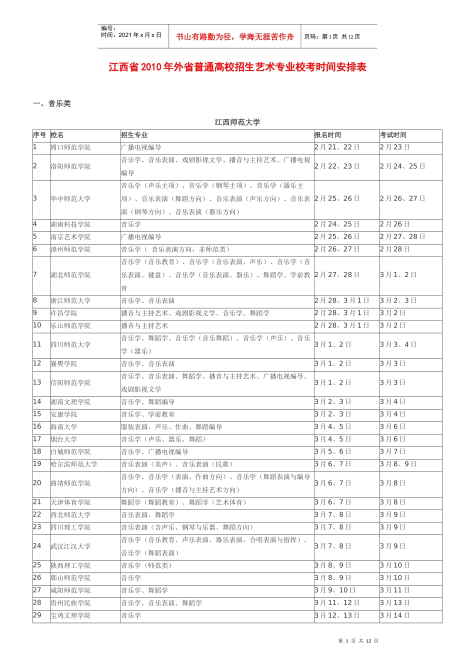 江西省XXXX年外省普通高校招生艺术专业校考时间安排表_第1页