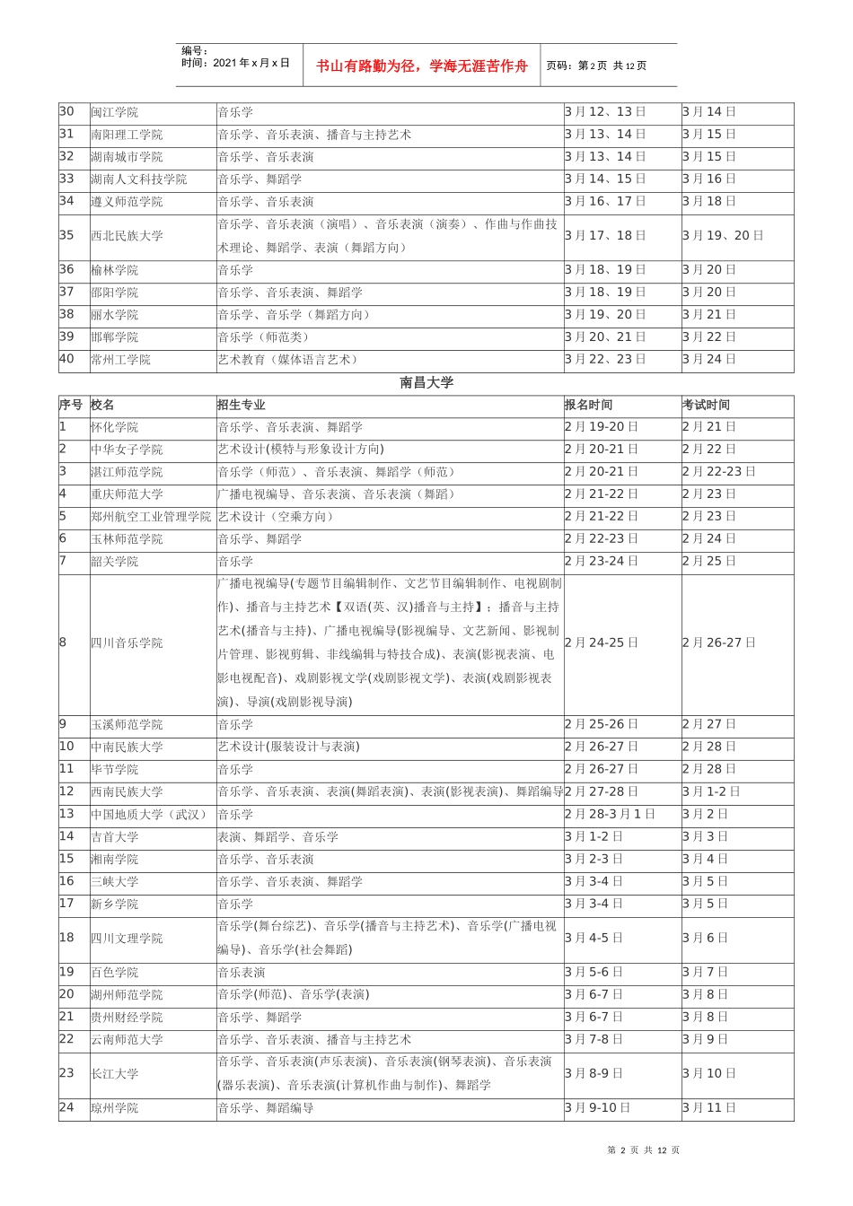 江西省XXXX年外省普通高校招生艺术专业校考时间安排表_第2页