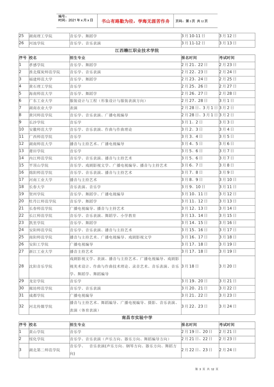 江西省XXXX年外省普通高校招生艺术专业校考时间安排表_第3页