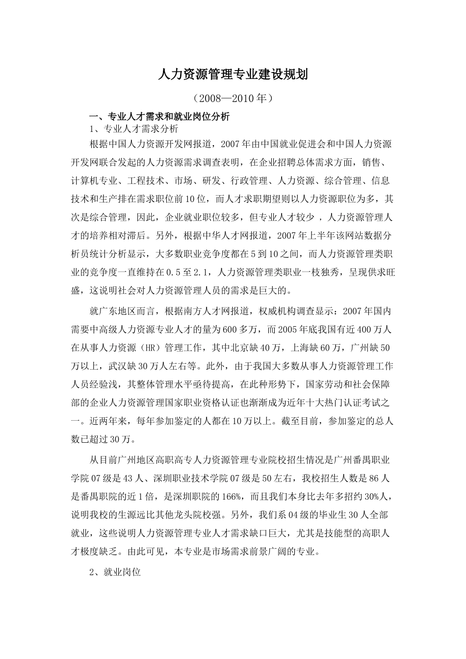 人力资源管理专业建设规划_第1页