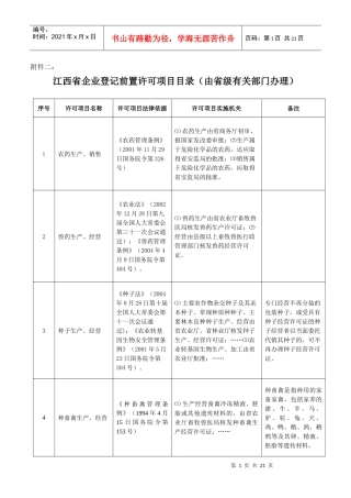 江西省企业登记前置许可项目管理知识目录